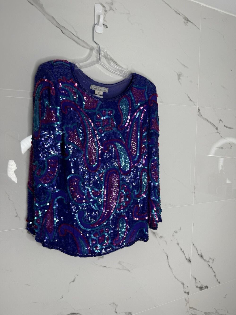 Vintage Long Sleeve Sequin Beaded Top AJ Bari Art-to-wear Silk Paisley 80’s